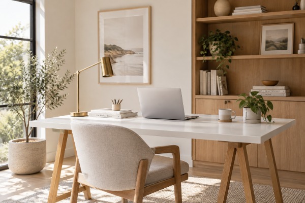 Setup de escritorio en blanco y madera